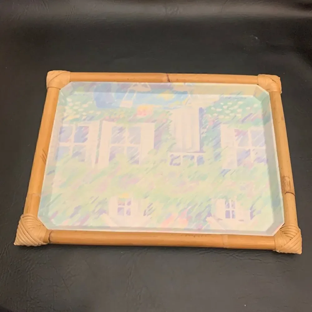 Camaxeu Garden Window Summer Scene Blue Green Acrylic Serving Tray Bamboo Edges